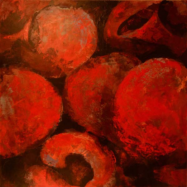 Mary Laucks painting Dance of the Peppers 36x36 acrylic on wood panel