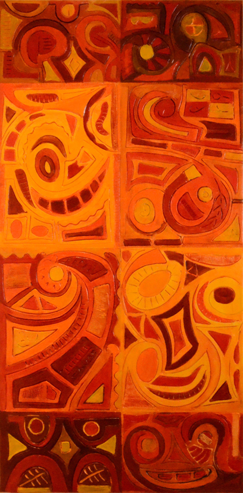 Rosetta 1 - acrylic paint and drywall mud on wood panel 30 x 60 by Mary Laucks