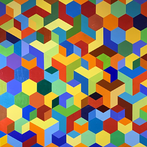 Hexaville painted by Mary Laucks, acrylic paint on wood panel