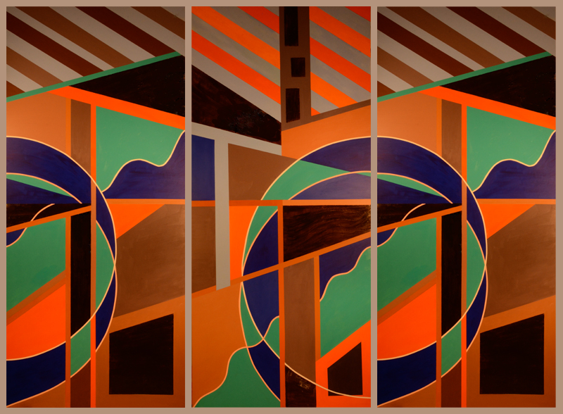 contemporary abstract painting by Mary Laucks titled Roof with a View - a double sided painting, image showing both sides